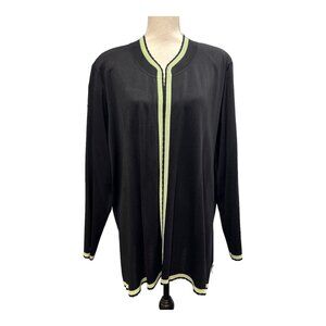 Vintage Exclusively Misook Jacket Women 3X Black Green Trim‎ Open Front Cardigan